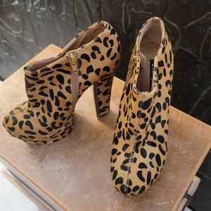 Real fur leather leopard print platform booties